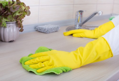 Cleaning staff handling waste and disposal materials during a service